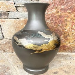 Japanese Takaoka Douki Pure Brass Painted Silver Red-crowned Crane Vase
