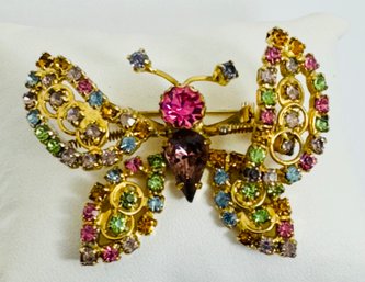 VINTAGE GOLD TONE TREMBLER RHINESTONE BUTTERFLY BROOCH