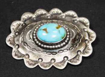 Vintage Sterling Silver Native American Turquoise Stamped Oval Brooch 1 3/4'