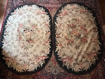 Matching Pair Of 2 Oval Floral Hooked Rugs