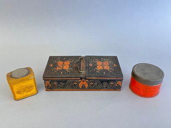 Antique Huntly And Palmers Biscuit Tin, Ansonia Clock Co Tin, And Parke Davis 1879 Specimen Tin