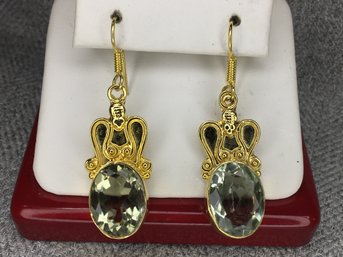 Beautiful 925 / Sterling Silver With 14K Gold Overlay Earrings With Pale Green Topaz - Very Pretty Pair