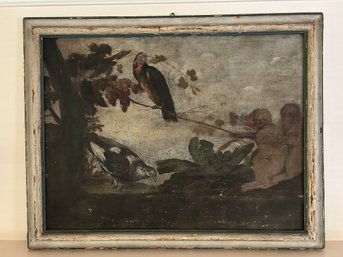 Absolutely Charming Large Antique Oil On Canvas Of Monkeys And Birds (L)