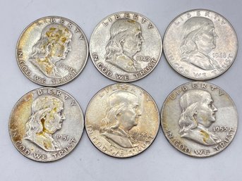 1948-1953, Six Benjamin Franklin Half Dollar Silver Coins.(HD7)