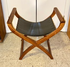 Mid Century Wood And Leather Sling Stool Bench