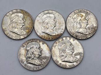 1956-1960, Five Ben Franklin Half Dollar Silver Coins. (HD8)