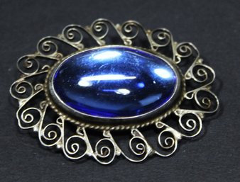 Vintage Larger Mexican Sterling Silver Oval Brooch Blue Glass Stone 2' Wide