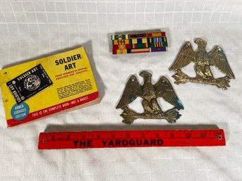 Military Medal Ribbon Bars, 2 Cast Brass Eagles, Soldier Art Book Armed Services Edition
