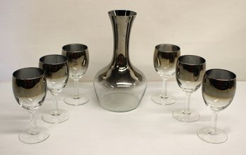 Vintage Mid Century Silver Fade Lusterware Decanter And Six Wine Glass Set - Made In France