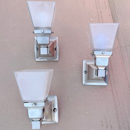 A Set Of 3 Craftsman Style Brushed Chrome Square Frosted Glass Sconces