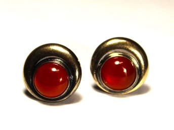 Pair MCM Sterling Silver 14K Screw Back Earrings W Carnelian Stones