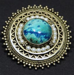 Very Fine Hand Crafted Sterling Silver Turquoise And Genuine Pearl Circular Brooch