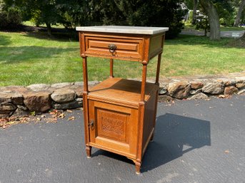 Vintage Oak Side Table With Marble Top & Carved Candelabra Detailing