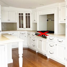 A Luxurious Corner Run Of Upper And Lower Solid Wood Kitchen Cabinets And Marble Counter - So Much Potential!