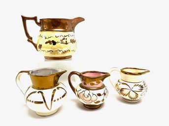 Collection Of Signed Handcrafted Lusterware Pitchers W/ Copperline Detail