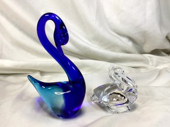 Swan Song! Cobalt Blue Art Glass Swan Dish & Crystal Pelican