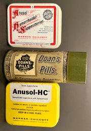 Vintage Lot Tin Litho MD Samples Pill Boxes - Doans Kidney & 2 Anusol Hemorrhoidal Suppositories - Advertising
