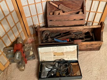 Vintage Wood Tool Box & Tools, Glass Jar Organizer W/assorted Nails, Black & Decker No100 1/4' Elcetric Drill