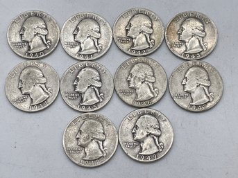 1940-1949, Ten Washington Silver Quarters.(QD12)