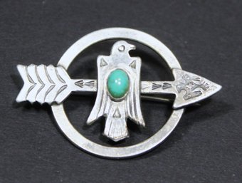 Vintage Southwestern Sterling Silver Brooch Eagle W Arrow Turquoise Stone