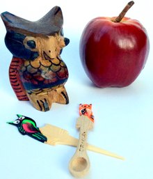 LOT OF 3 TINY HARD CARVED OWL COLLECTIBLES: Wooden  Guatemala Figurine And Oaxaca Mexico Spoon & Pick