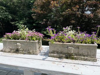 Pair Of Vintage Concrete Rectangular Planter With Cherubs Decorations.