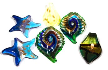 Lot Of Six Hand Blown Art Glass Pendants Stars & Feathers