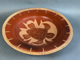 Vintage Red Pottery With Turtle Design & Woven Wicker Rim