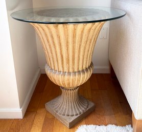 A Cast Fiberglass Urn With Glass Top As Side Table - Bringing The Outside In!