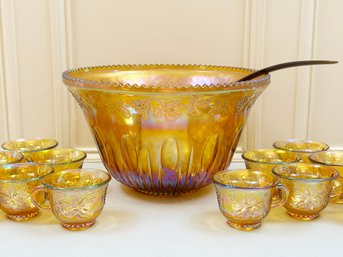 A Vintage Carnival Glass Punch Bowl Set