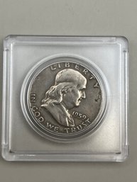 1959-D Benjamin Franklin Silver Half Dollar In Plastic Case