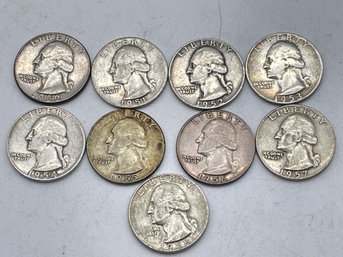 1950',nine Washington Silver Quarters. (QD13)