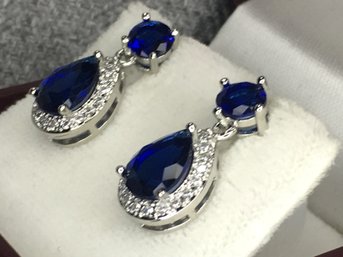 Incredible Brand New Sterling Silver / 925 Teardrop Earrings With Sapphires And Sparkling White Zircons