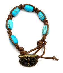 Vintage Southwestern Style Leather Corded Turquoise Color Stone With Owl Head Bracelet