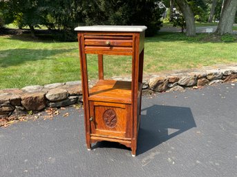 Antique Oak Side Table With Marble Top & Carved Flower Detailing