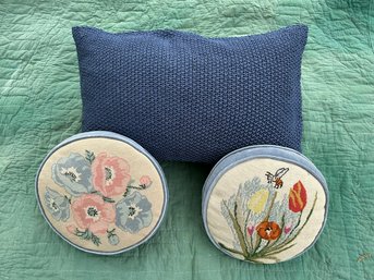 Set Of 3 Throw Pillows: One Blue Weave And Two Round Vintage Style Embroidered