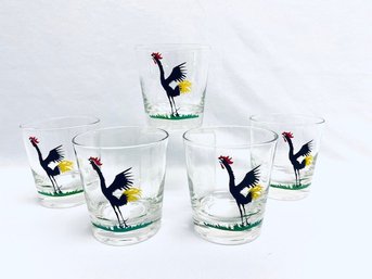 Set Of 5 Vintage Rooster On The Rocks Glasses