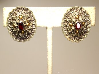 Fine Vintage Sterling Silver Clip Earrings Having Garnet Stones