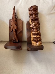 Two Wood Shelves, Carved Wiid Tree And A Cylindrical Carving