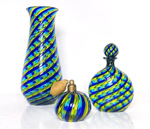 A Set Of Handblown Murano Glass - Vase, Perfume Bottle, And Decanter