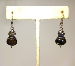 Pair Fine Sterling Silver Hard Stone Cabochon Pierced Drop Earrings