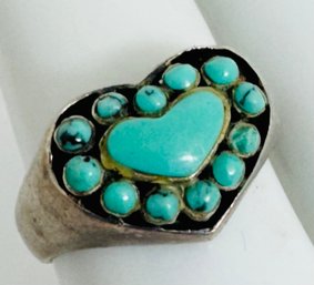 VINTAGE STERLING SILVER TURQUOISE HEART RING