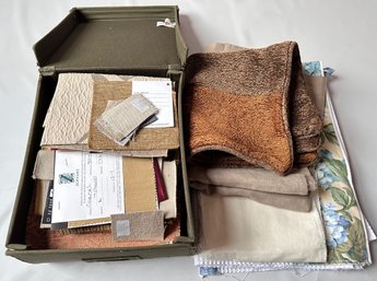 Box Of Fabric Samples, Towel With Unfinished Edge & Other Fabric Remnants Including Linen