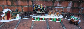 Vintage Dicken's Village Series  Accessories Lot Dept. 56 With Stagecoach, Fencing, Christmas Tree Stand, Etc.