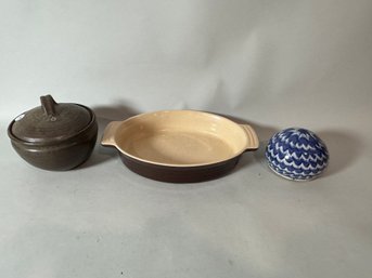 LE CRESUET CHAFING DISH AND TWO SIGNED STUDIO POTTERY PIECES