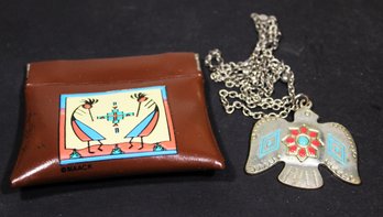 Small Southwestern Change Purse And Silver Tone Enamel Phoenix Pendant Necklace