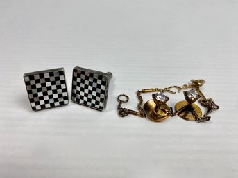 Vintage Great Falls Metal Works Sterling Cuff Links & Tie Tacks On A Chain