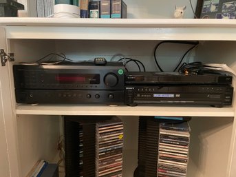 A THREE PIECE ENTERTAINMENT CENTER INC. DENON STEREO RECEIVER DRA-685, SONY SUPER AUDIO AND CD PLAYER, AND A