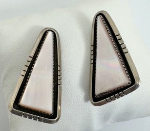 LARGE VINTAGE NAVAJO NATIVE AMERICAN STERLING SILVER SHELL CLIP-ON EARRINGS
