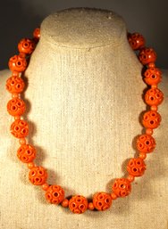 Bakelite Plastic Period Orange Colored Openwork Beaded Vintage Necklace